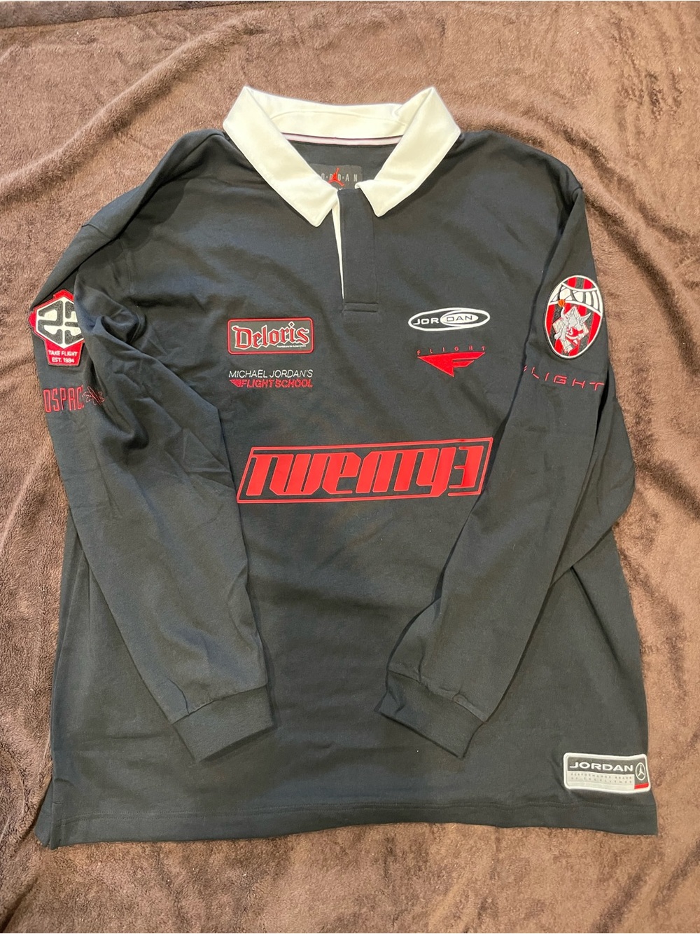 Jordan Black Long-Sleeve Rugby Polo with Red Accents and White Collar